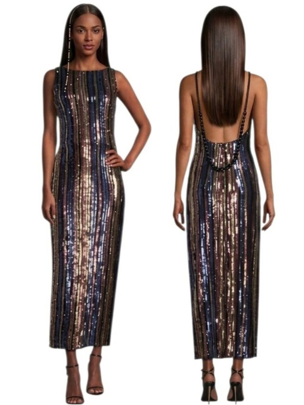 NWOT One33 Social Sequined Stripe Backless Midi Dress